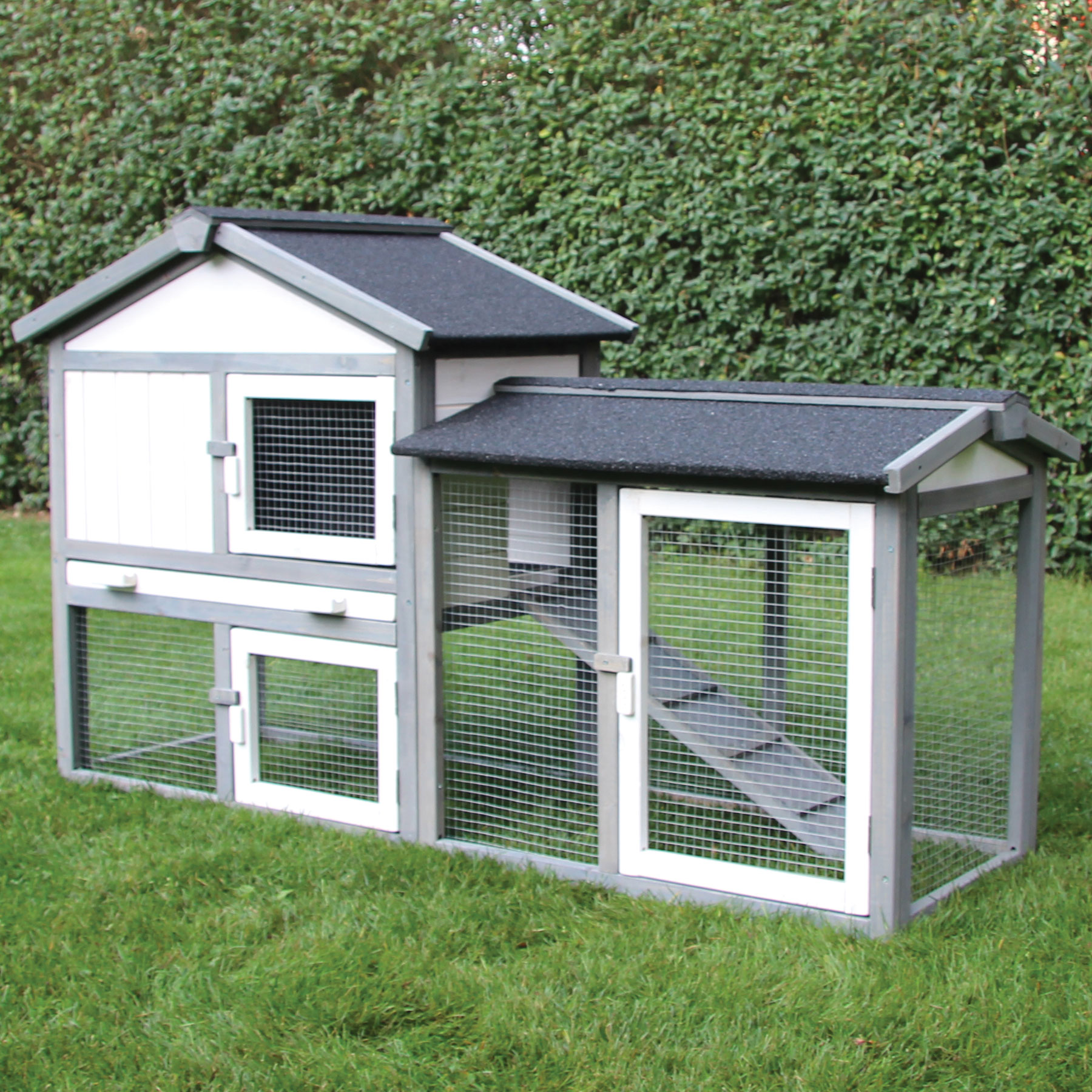 Hasenstall / Kaninchenstall "Klopfer“ - Kleintierstall in Grau / Weiß