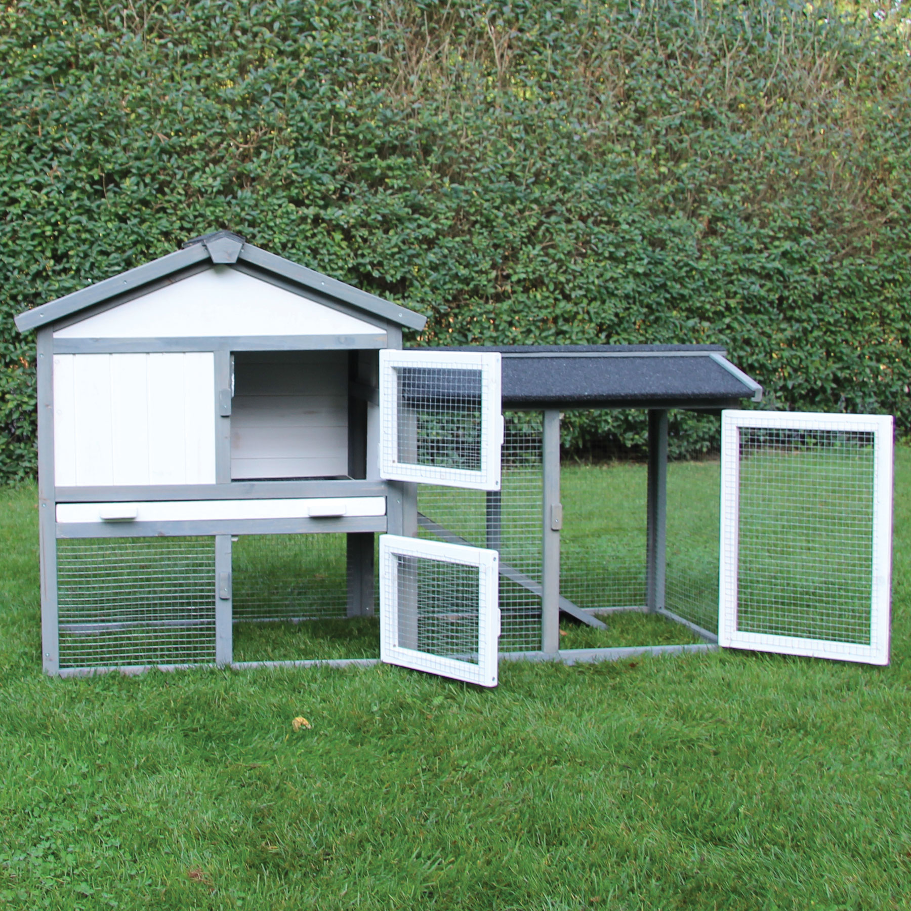 Hasenstall / Kaninchenstall "Klopfer“ - Kleintierstall in Grau / Weiß